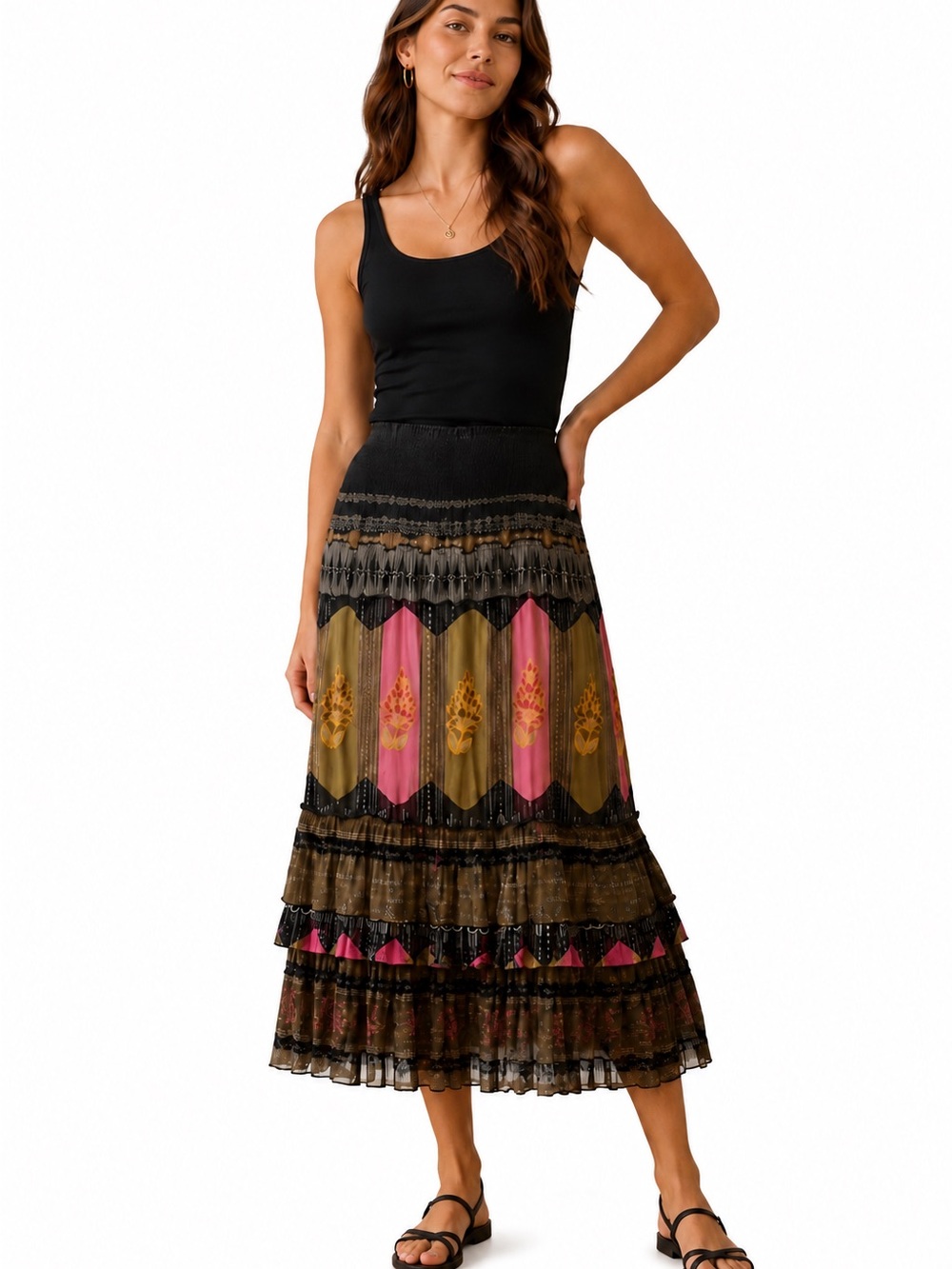 Vintage Free People Silk Tiered Long Skirt Women’s Sz XS Multicolor Green Black